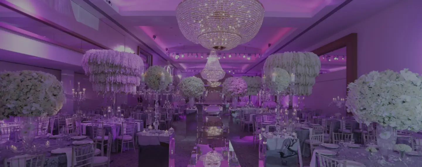 Meridian Grand Ballroom with chandeliers and white florals set for an event — events venue London.