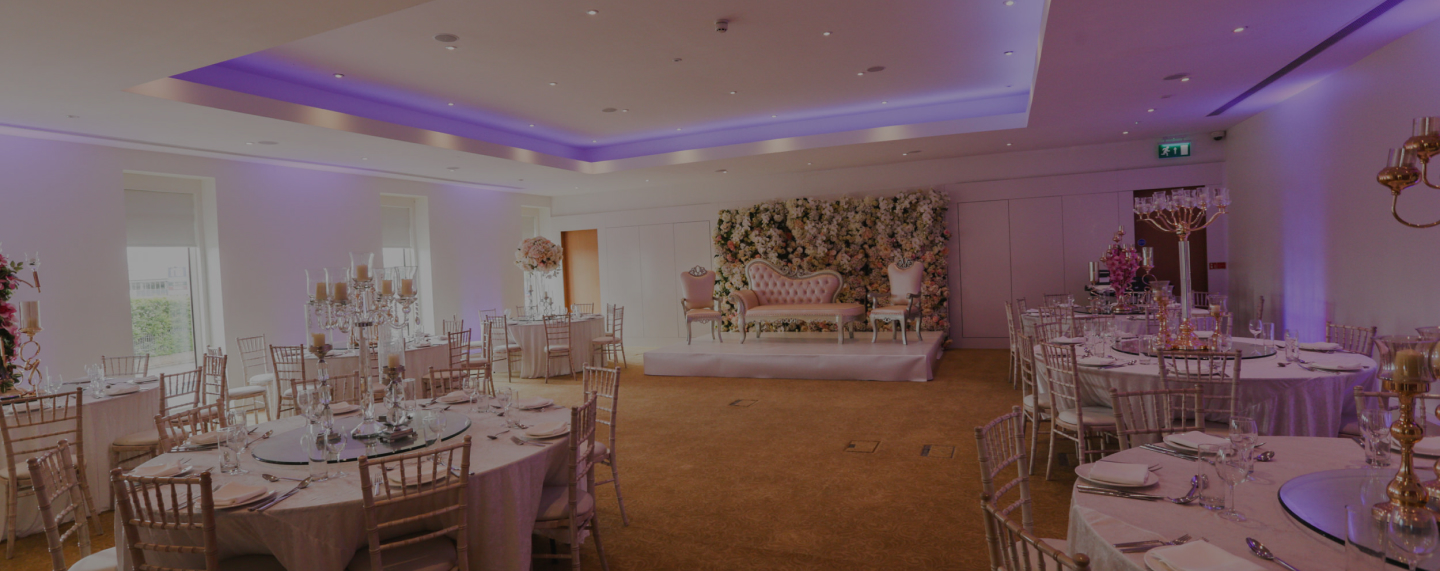 The Eternity Suite with a floral backdrop and round tables at Meridian Grand — private suite venue London.
