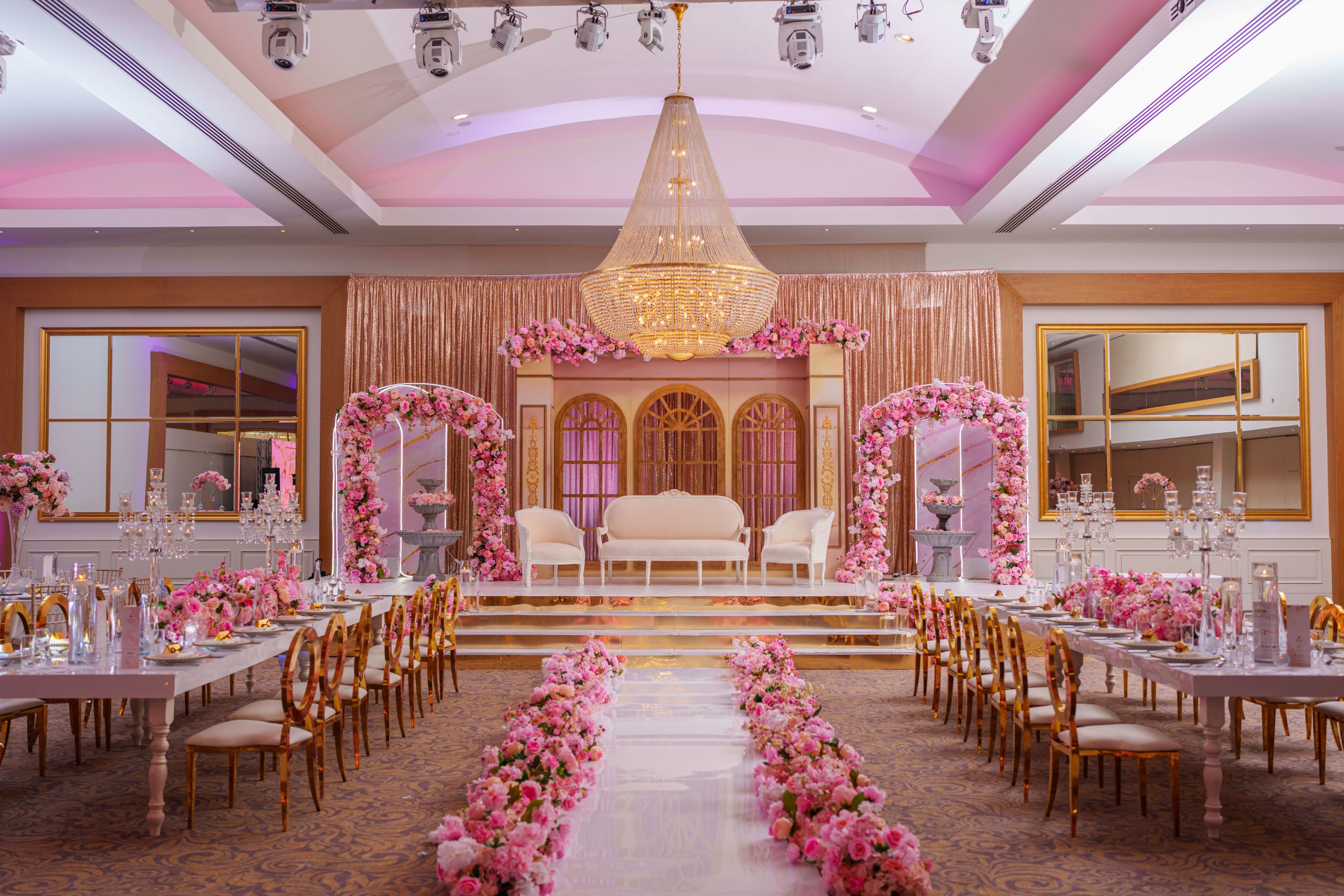 Pillar-free ballroom at Meridian Grand — Turkish wedding venue London.